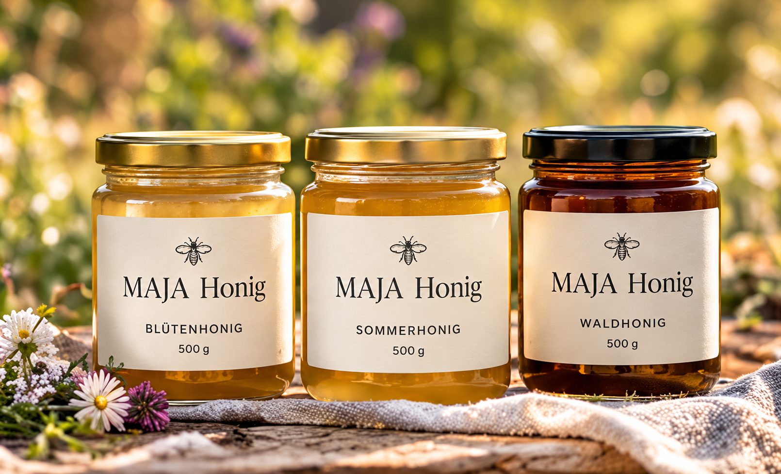 Drei MAJA Honiggläser: Blütenhonig, Sommerhonig und Waldhonig